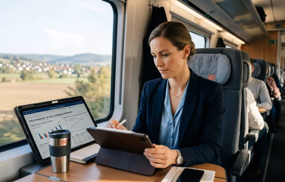Anwältin arbeitet mobil im Zug zum Gerichtstermin
