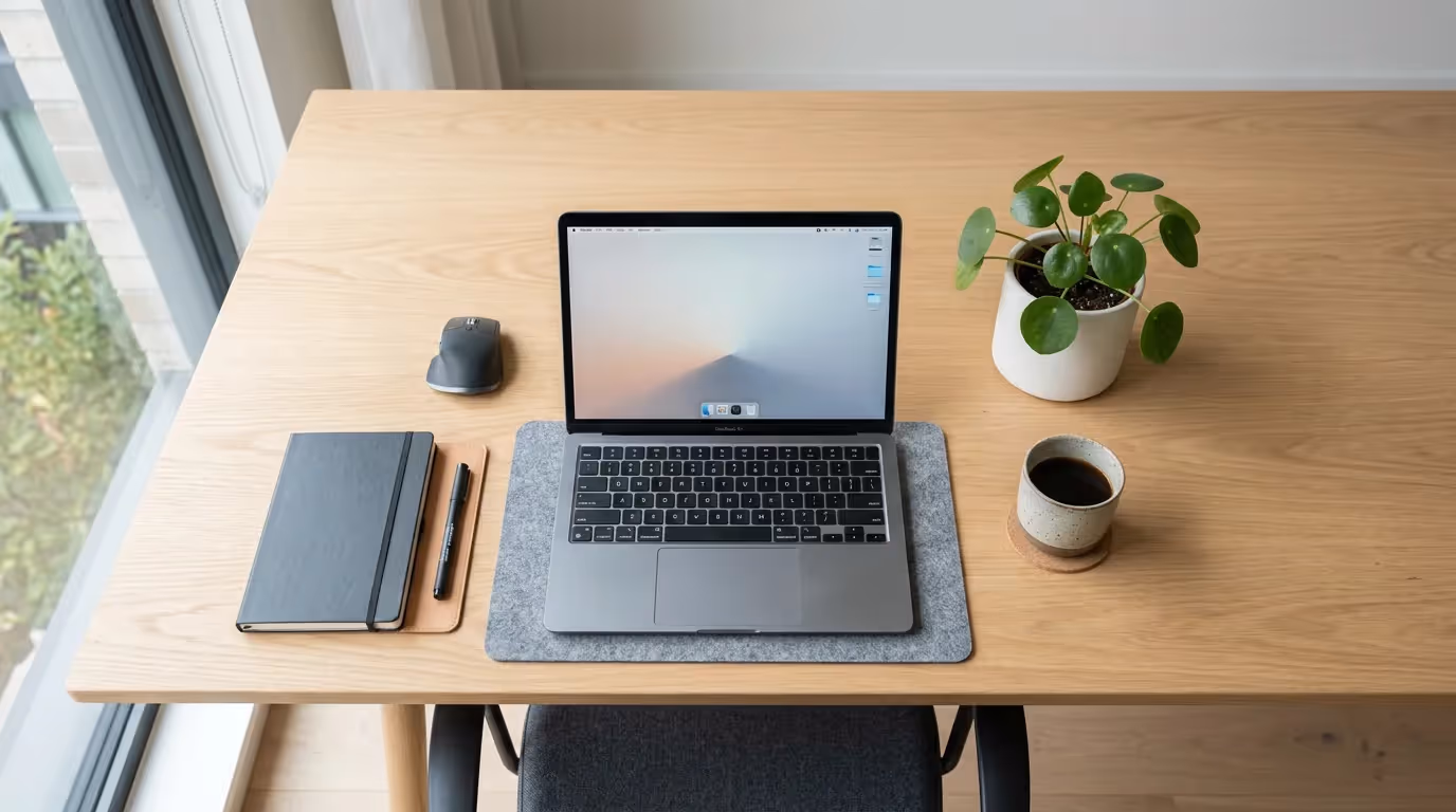 Aufgeräumter Schreibtisch mit Laptop