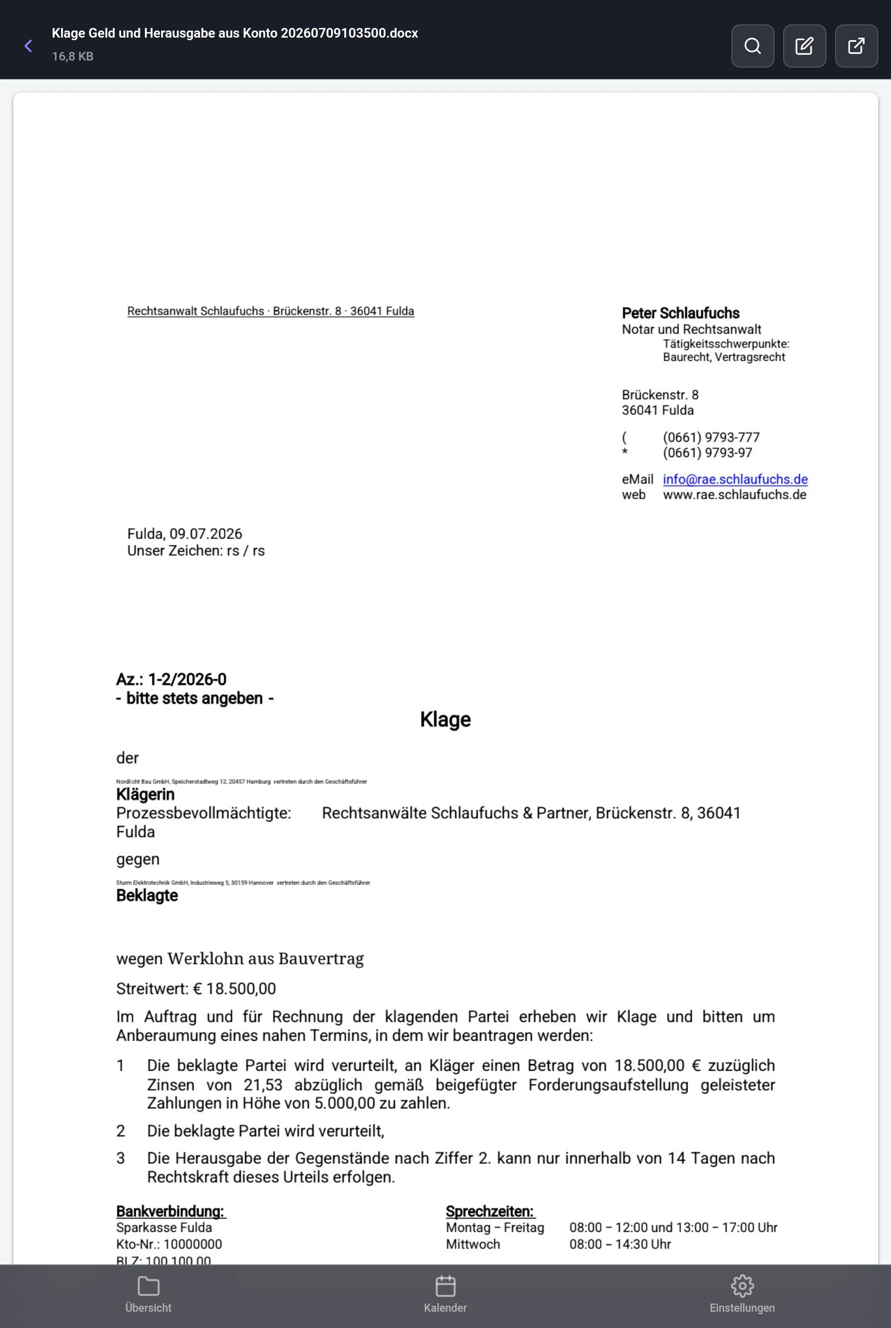 Dokument-Viewer mit der Klage